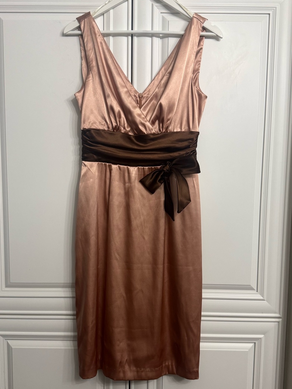 Eliza J Rose Gold Satin V-Neck Cocktail Dress Brown Satin Waist Sash/Bow Size 8